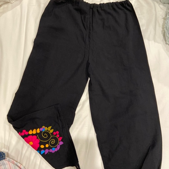 Black embroidered draw string pants. - Picture 3 of 4